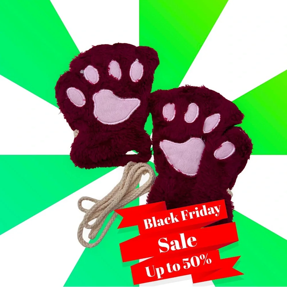 Super Soft Faux Fur Cat Bear Animal Paw Fingerless Gloves NEW Deadstock